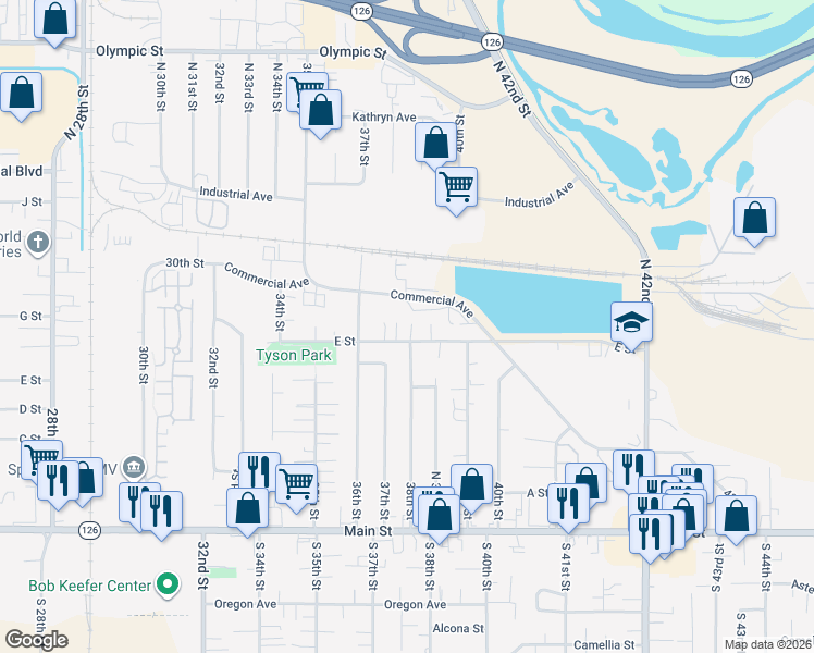 map of restaurants, bars, coffee shops, grocery stores, and more near 3716 E Street in Springfield