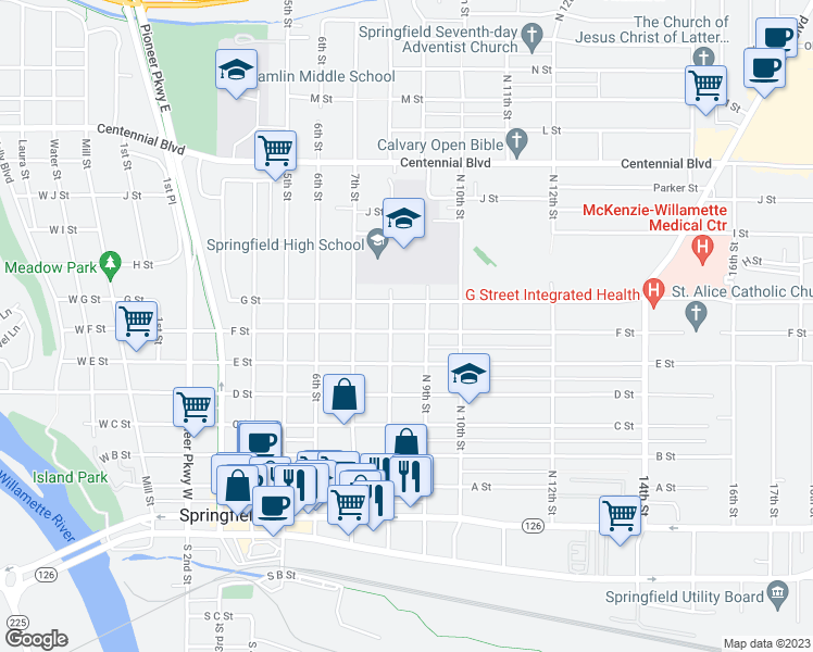 map of restaurants, bars, coffee shops, grocery stores, and more near 751 8th Street in Springfield