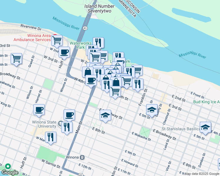 map of restaurants, bars, coffee shops, grocery stores, and more near 53 East 3rd Street in Winona