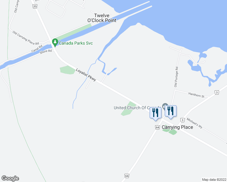map of restaurants, bars, coffee shops, grocery stores, and more near 21858 Loyalist Parkway in Carrying Place