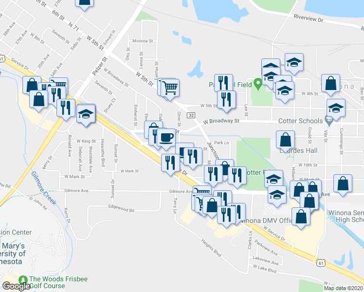 map of restaurants, bars, coffee shops, grocery stores, and more near 1576 West King Street in Winona