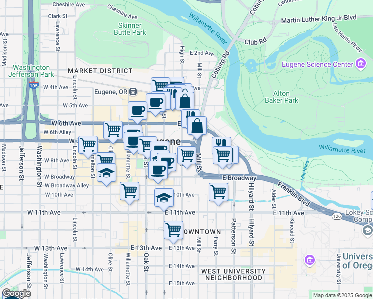 map of restaurants, bars, coffee shops, grocery stores, and more near in Eugene