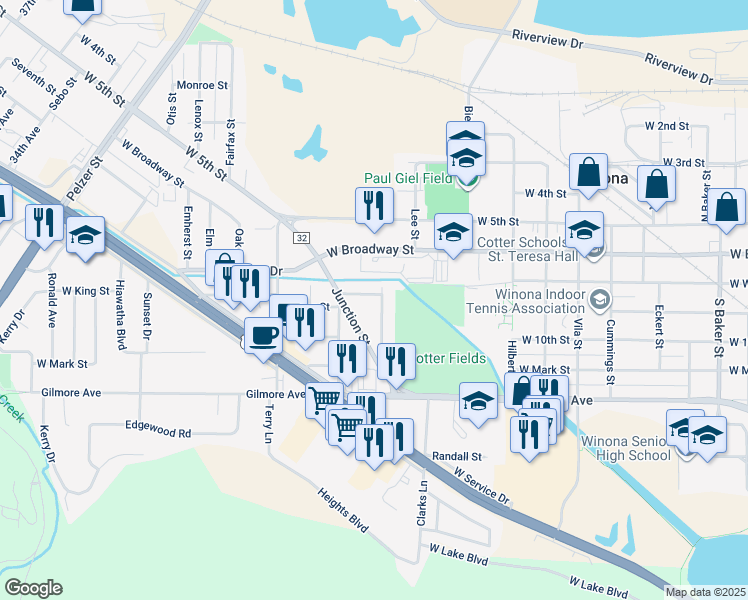 map of restaurants, bars, coffee shops, grocery stores, and more near 358 Collegeview Street in Winona