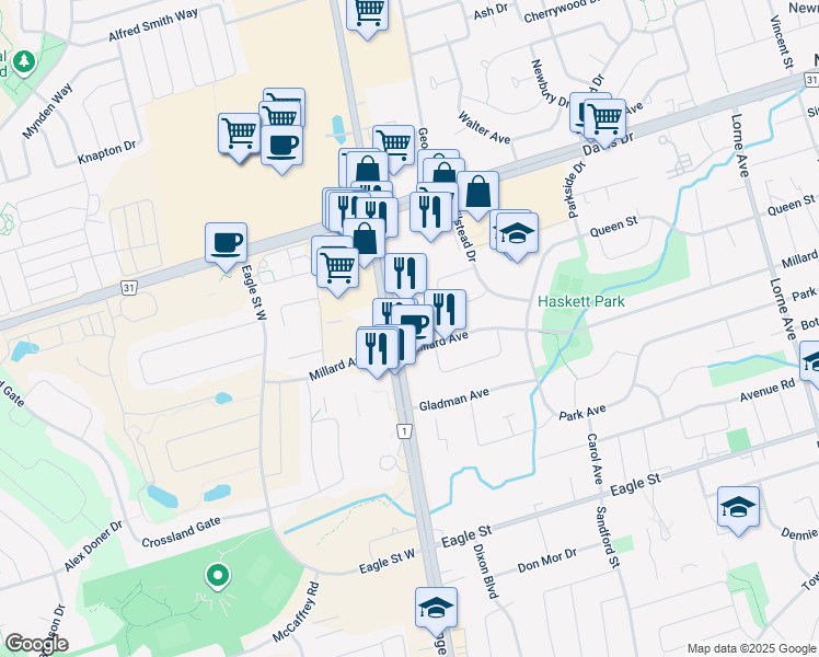 map of restaurants, bars, coffee shops, grocery stores, and more near 17365 Yonge Street in Newmarket