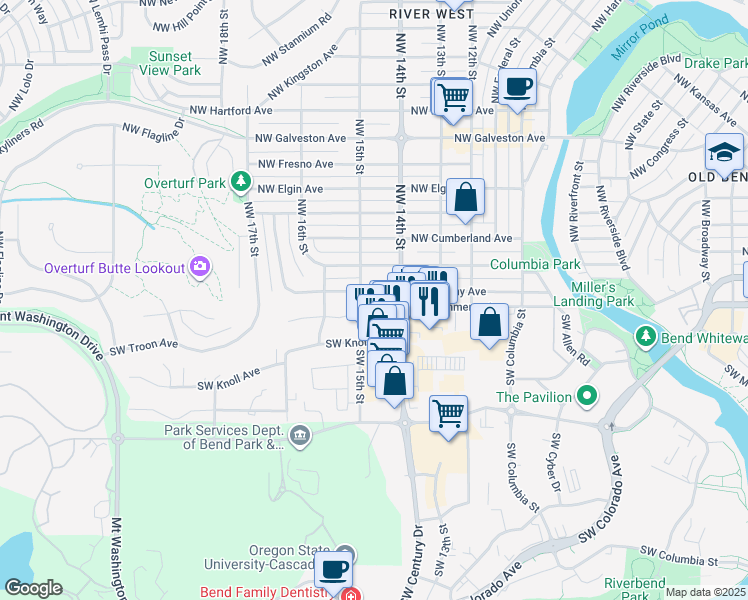 map of restaurants, bars, coffee shops, grocery stores, and more near 1459 Northwest Albany Avenue in Bend