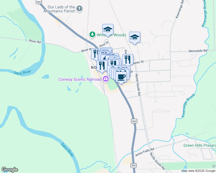 map of restaurants, bars, coffee shops, grocery stores, and more near Norcross Circle in Conway