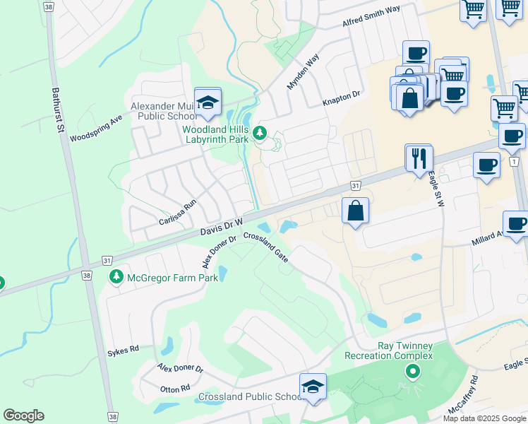 map of restaurants, bars, coffee shops, grocery stores, and more near Davis Drive West in Newmarket