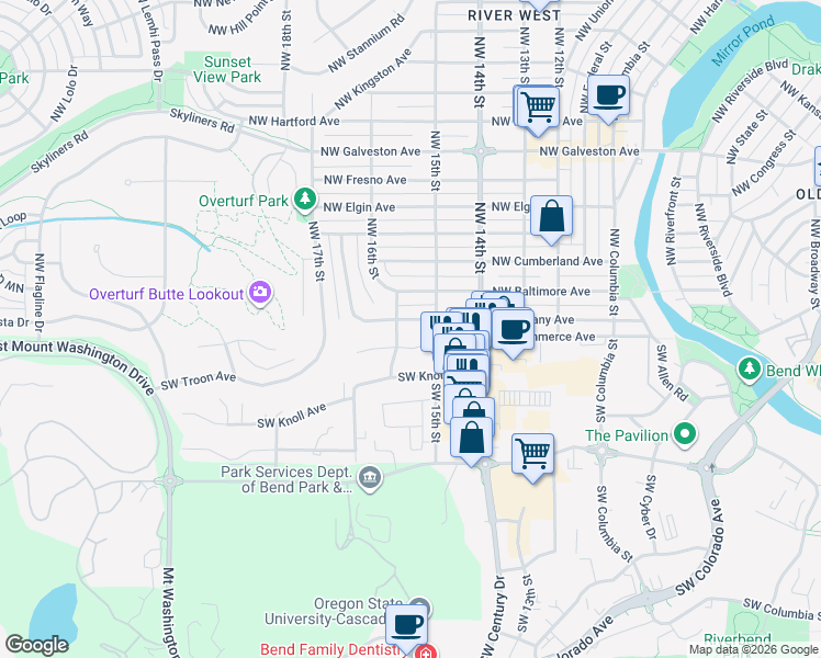 map of restaurants, bars, coffee shops, grocery stores, and more near 1579 Northwest Albany Avenue in Bend