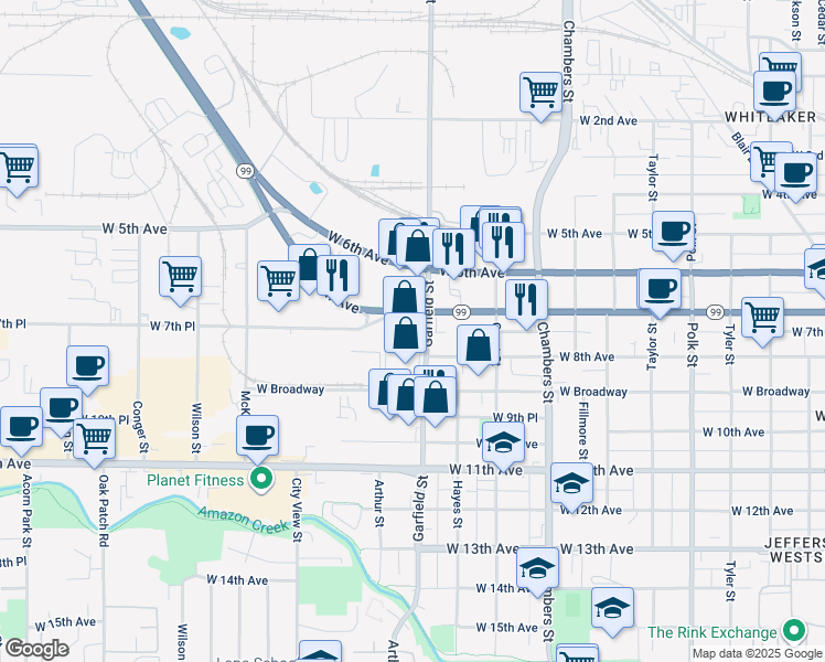 map of restaurants, bars, coffee shops, grocery stores, and more near 1997 West 7th Avenue in Eugene