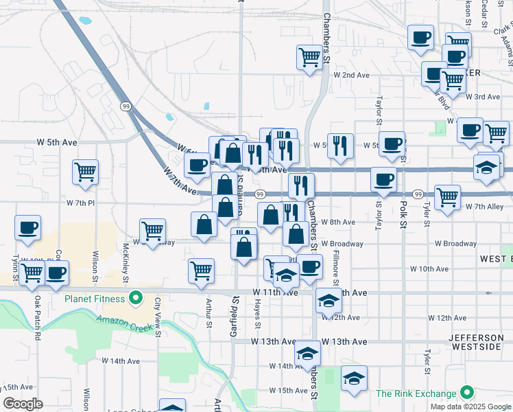 map of restaurants, bars, coffee shops, grocery stores, and more near 1900 West 7th Avenue in Eugene
