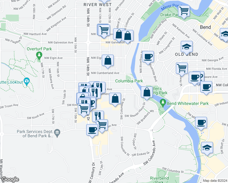 map of restaurants, bars, coffee shops, grocery stores, and more near 1125 Northwest Albany Avenue in Bend