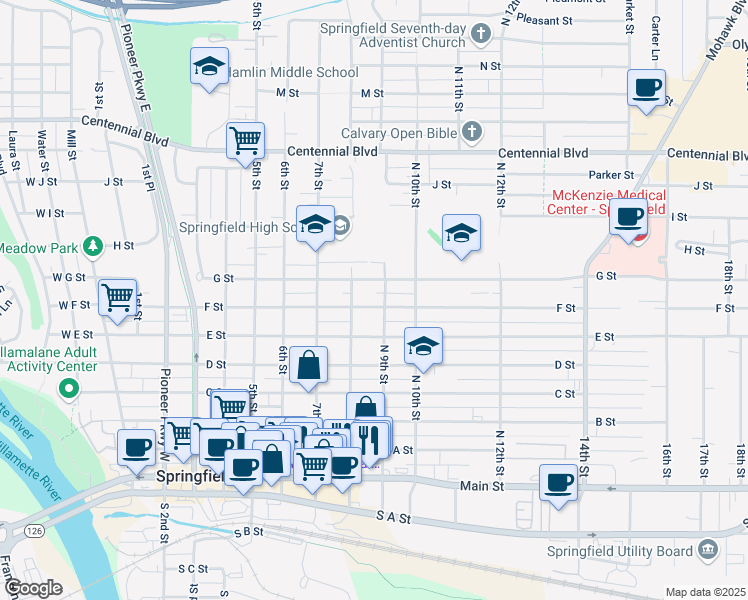 map of restaurants, bars, coffee shops, grocery stores, and more near 846 F Street in Springfield