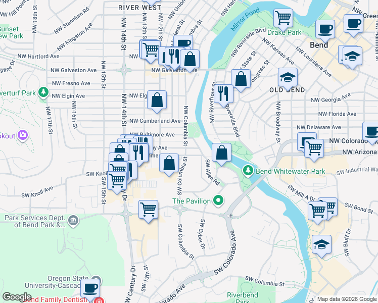 map of restaurants, bars, coffee shops, grocery stores, and more near 920 Northwest Albany Avenue in Bend