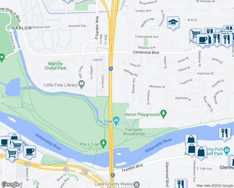 map of restaurants, bars, coffee shops, grocery stores, and more near 716 Anderson Lane in Springfield