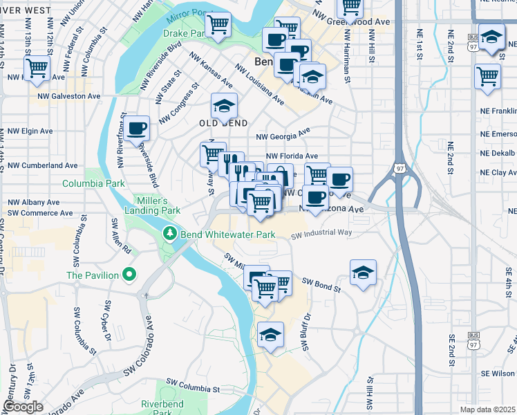 map of restaurants, bars, coffee shops, grocery stores, and more near 613 Northwest Colorado Avenue in Bend