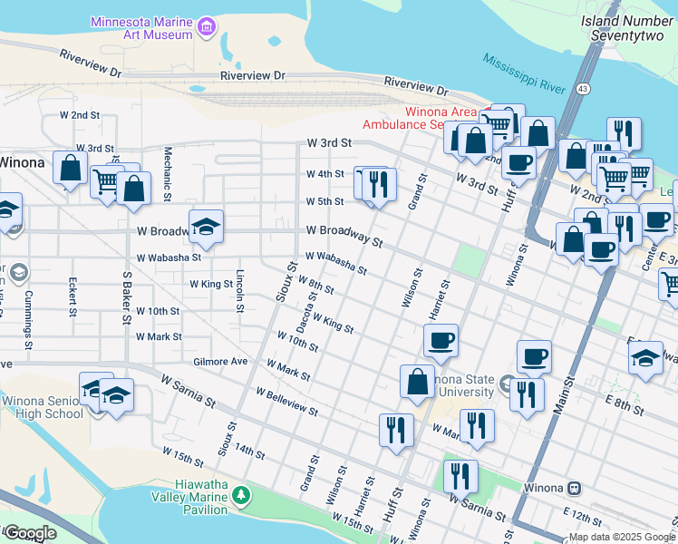 map of restaurants, bars, coffee shops, grocery stores, and more near 515 West Wabasha Street in Winona