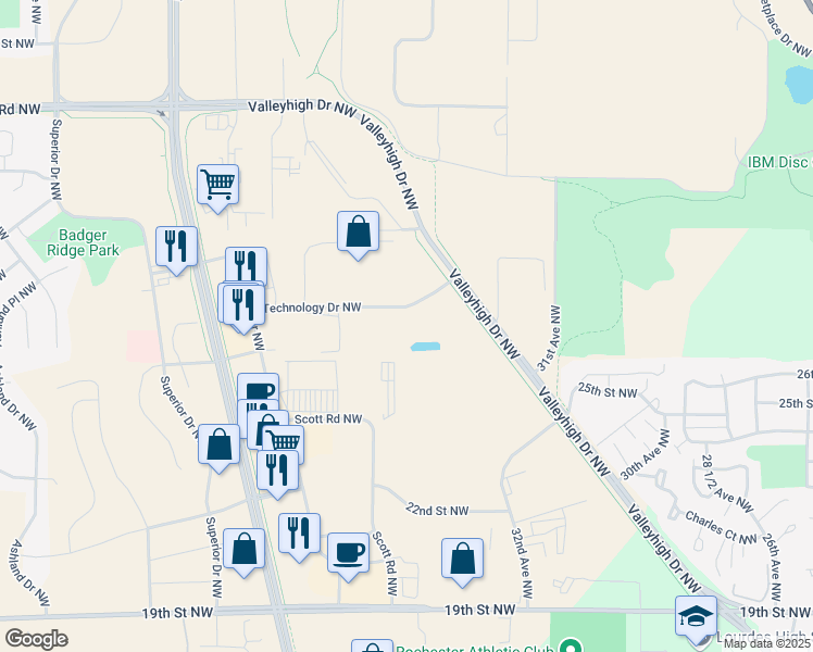 map of restaurants, bars, coffee shops, grocery stores, and more near 3460 Technology Drive Northwest in Rochester
