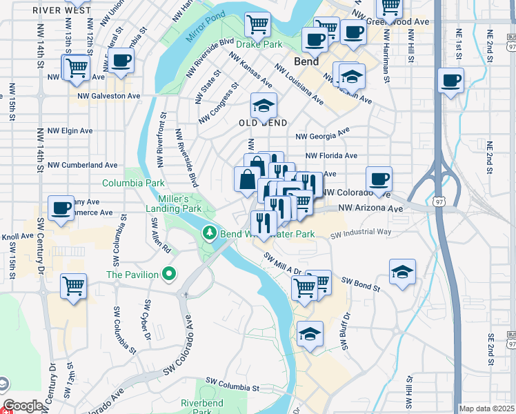map of restaurants, bars, coffee shops, grocery stores, and more near 55 Northwest Wall Street in Bend