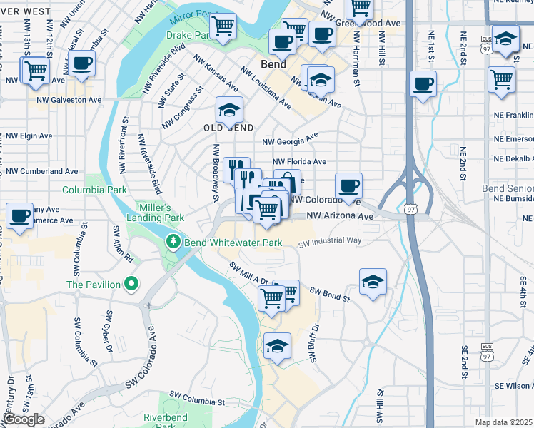 map of restaurants, bars, coffee shops, grocery stores, and more near 613 Northwest Colorado Avenue in Bend