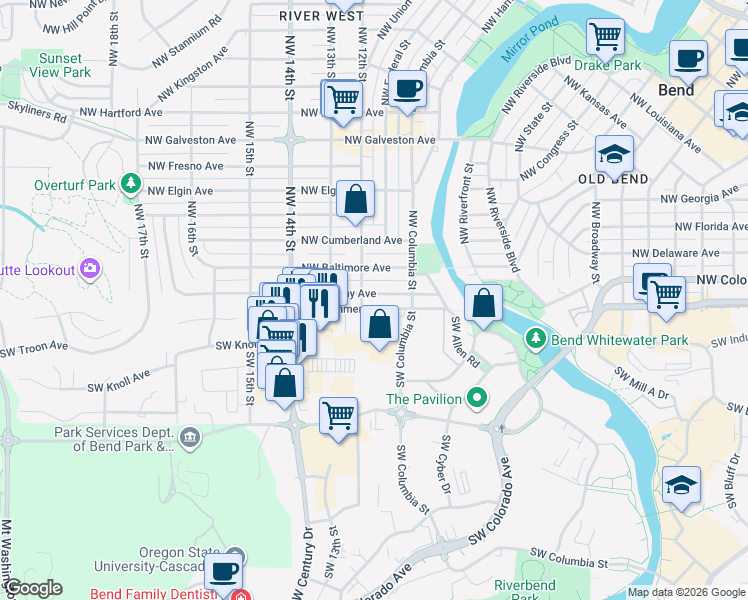 map of restaurants, bars, coffee shops, grocery stores, and more near 1204 Northwest Albany Avenue in Bend