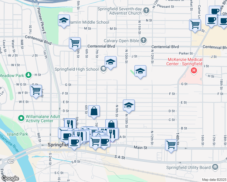 map of restaurants, bars, coffee shops, grocery stores, and more near 846 F Street in Springfield