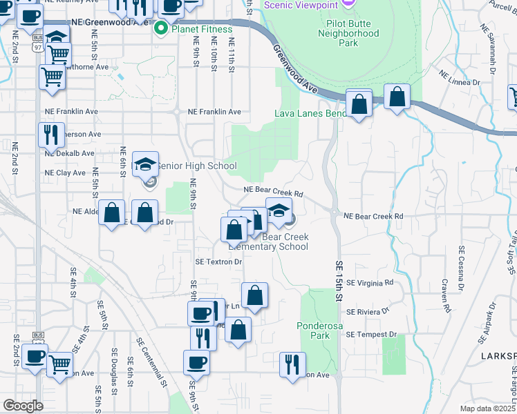 map of restaurants, bars, coffee shops, grocery stores, and more near 1238 Northeast Burnside Avenue in Bend