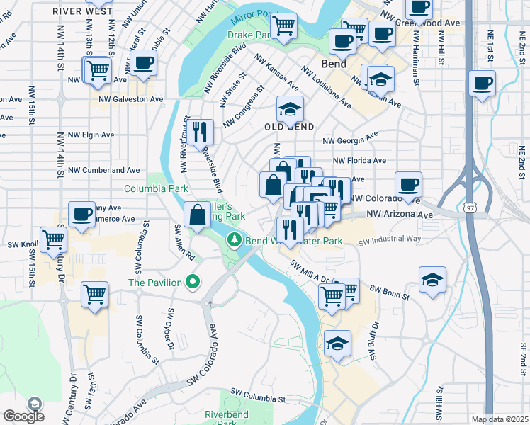 map of restaurants, bars, coffee shops, grocery stores, and more near 99 Northwest Adams Place in Bend