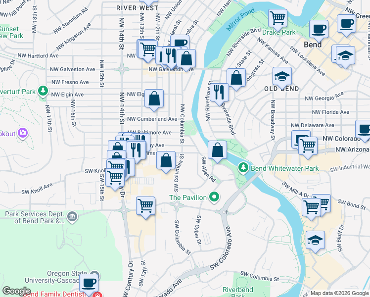 map of restaurants, bars, coffee shops, grocery stores, and more near 920 Northwest Albany Avenue in Bend