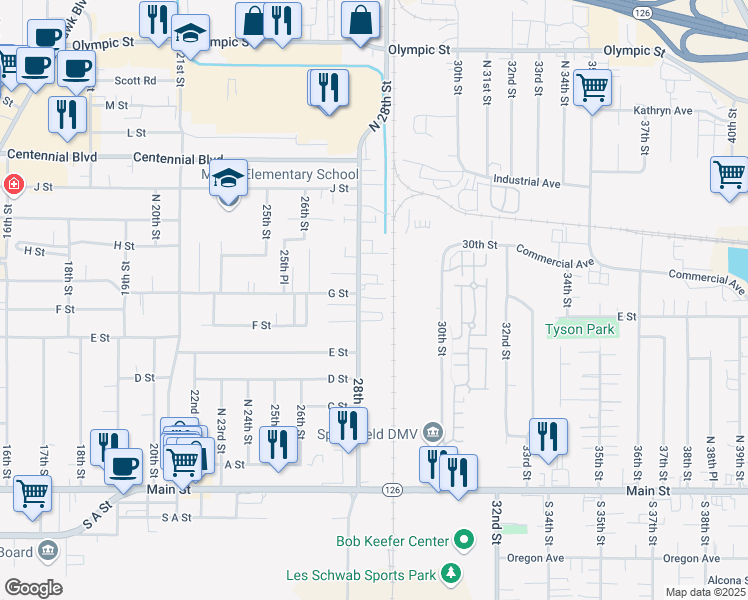 map of restaurants, bars, coffee shops, grocery stores, and more near 775 28th Street in Springfield