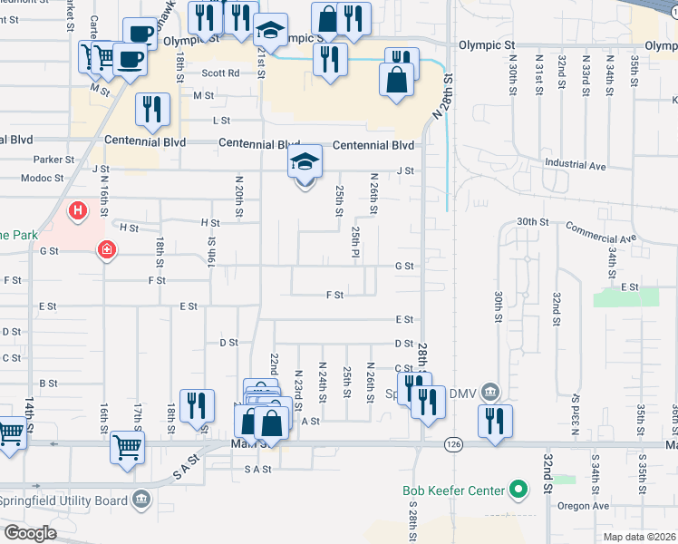 map of restaurants, bars, coffee shops, grocery stores, and more near 2495 G Street in Springfield