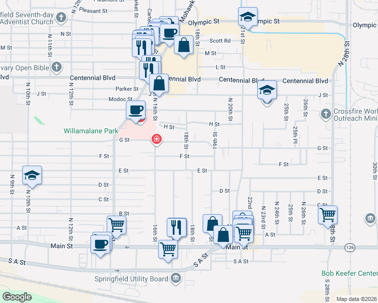 map of restaurants, bars, coffee shops, grocery stores, and more near 1825 G Street in Springfield
