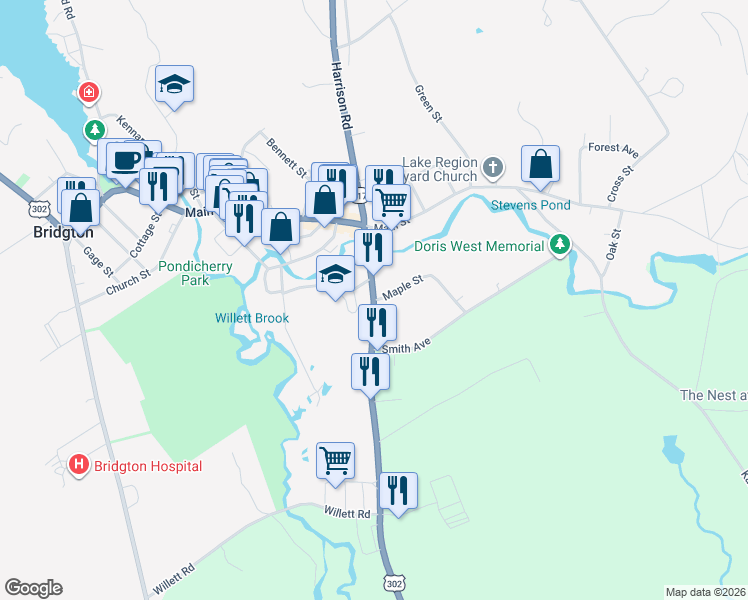 map of restaurants, bars, coffee shops, grocery stores, and more near 32 Portland Road in Bridgton