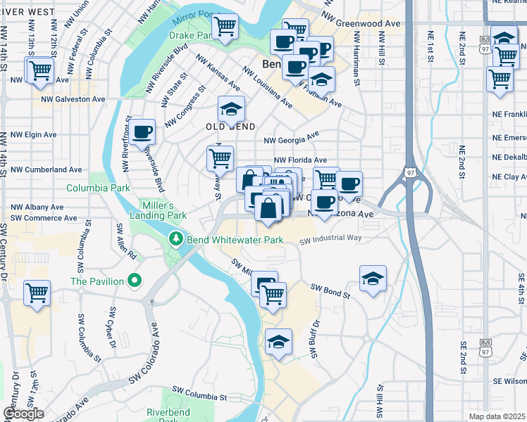 map of restaurants, bars, coffee shops, grocery stores, and more near 613 Northwest Colorado Avenue in Bend