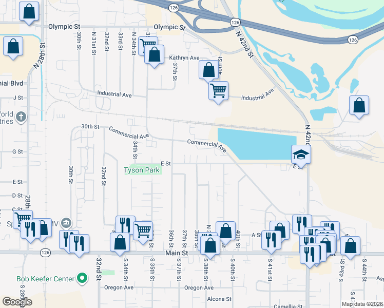 map of restaurants, bars, coffee shops, grocery stores, and more near 3716 E Street in Springfield