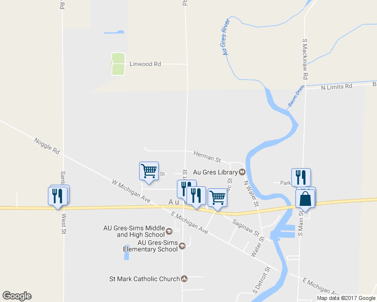 map of restaurants, bars, coffee shops, grocery stores, and more near Herman Street in Au Gres