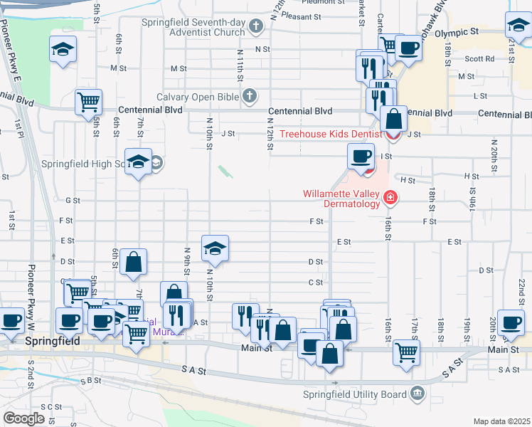 map of restaurants, bars, coffee shops, grocery stores, and more near 716 North 12th Street in Springfield