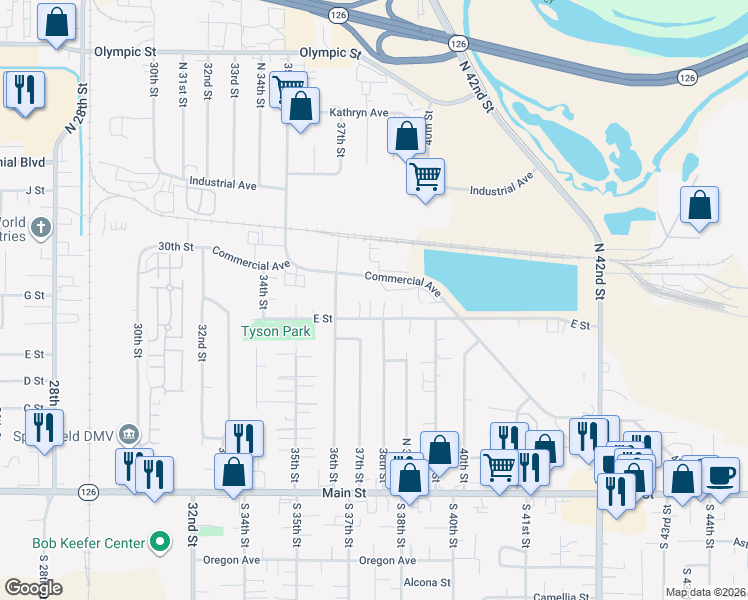 map of restaurants, bars, coffee shops, grocery stores, and more near 3716 E Street in Springfield