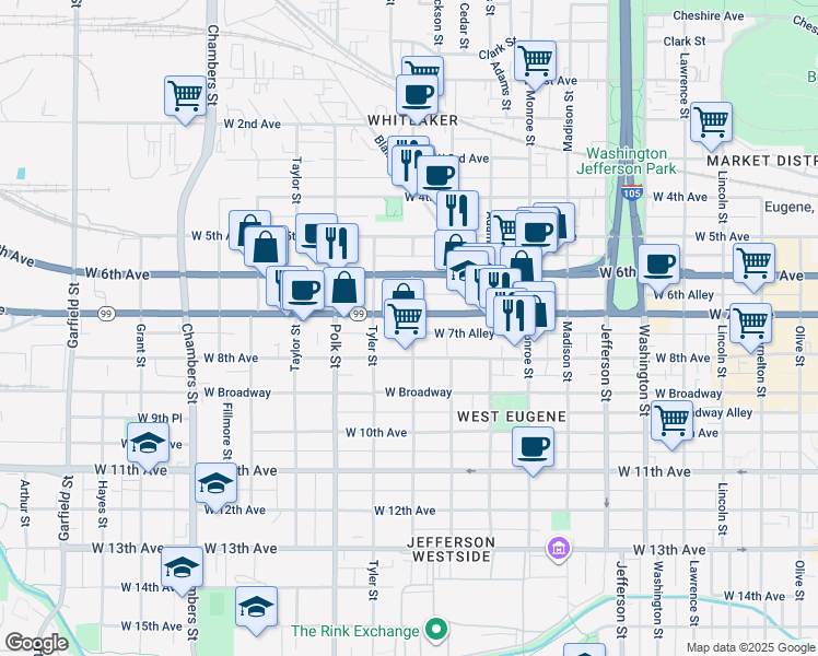 map of restaurants, bars, coffee shops, grocery stores, and more near 710 Van Buren Street in Eugene