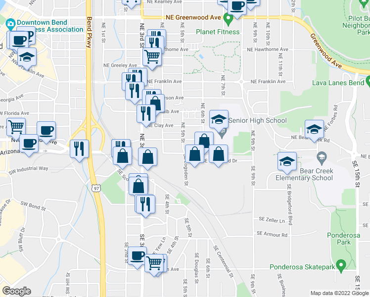 map of restaurants, bars, coffee shops, grocery stores, and more near 104 Northeast 5th Street in Bend