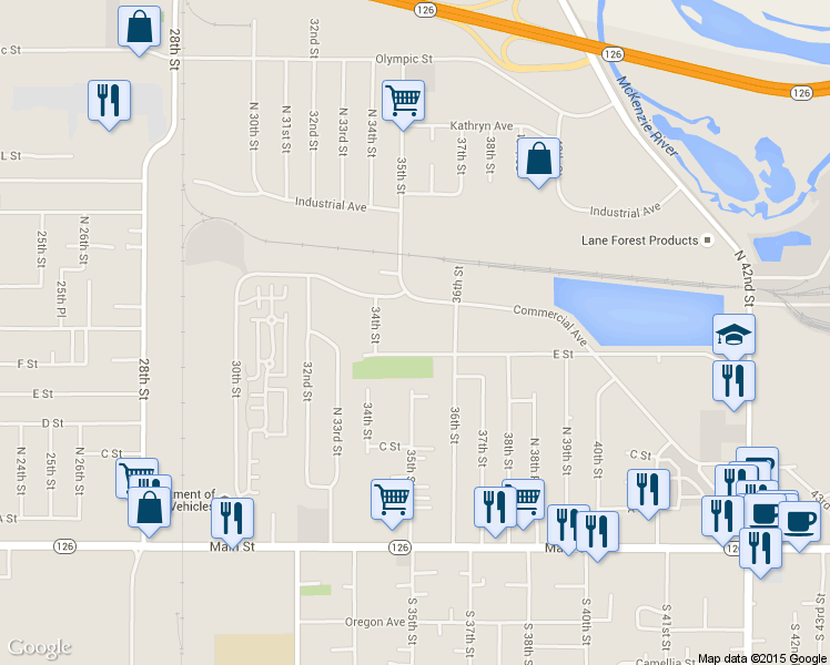 map of restaurants, bars, coffee shops, grocery stores, and more near 3550 E Street in Springfield