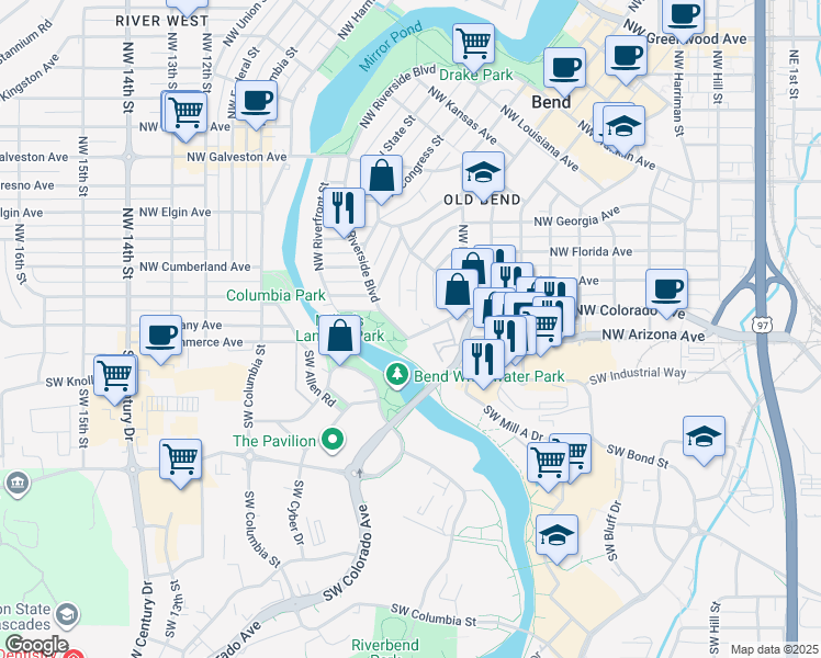 map of restaurants, bars, coffee shops, grocery stores, and more near 98 Northwest Riverside Boulevard in Bend