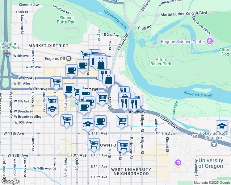 map of restaurants, bars, coffee shops, grocery stores, and more near 405 East 8th Avenue in Eugene