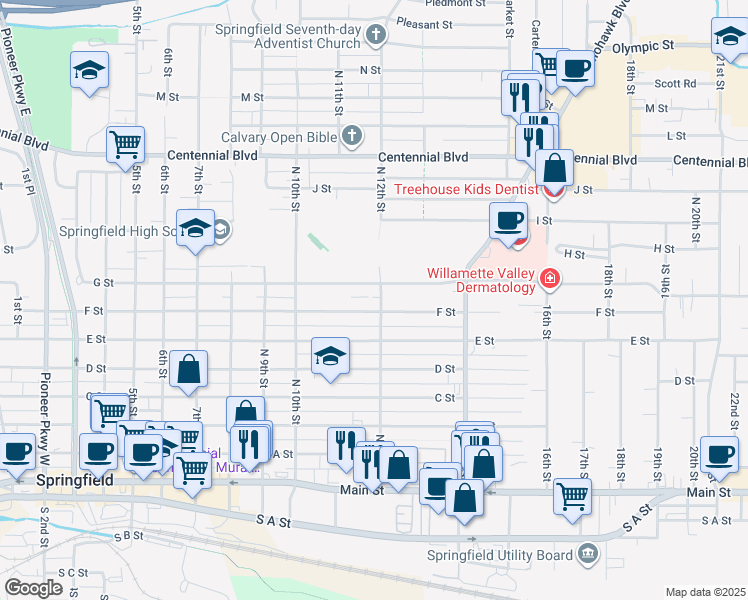 map of restaurants, bars, coffee shops, grocery stores, and more near 767 North 12th Street in Springfield