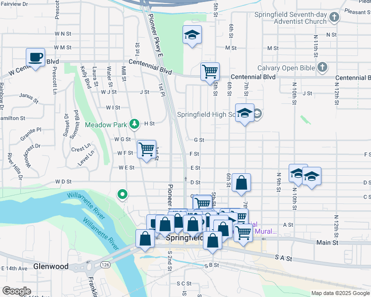 map of restaurants, bars, coffee shops, grocery stores, and more near 250 F Street in Springfield