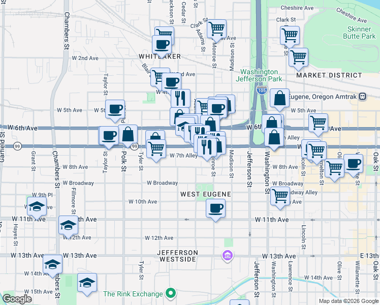 map of restaurants, bars, coffee shops, grocery stores, and more near 906 West 7th Avenue in Eugene