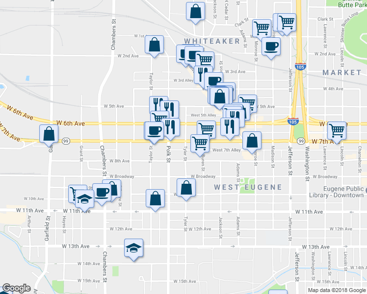 map of restaurants, bars, coffee shops, grocery stores, and more near 1190 West 7th Avenue in Eugene