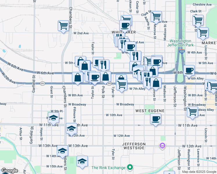 map of restaurants, bars, coffee shops, grocery stores, and more near 1190 West 7th Avenue in Eugene