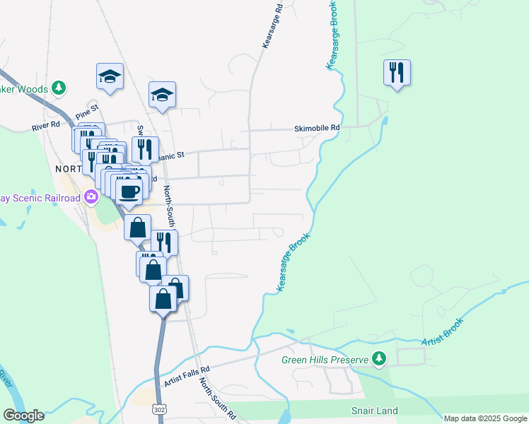 map of restaurants, bars, coffee shops, grocery stores, and more near 202 Grove Street in Conway