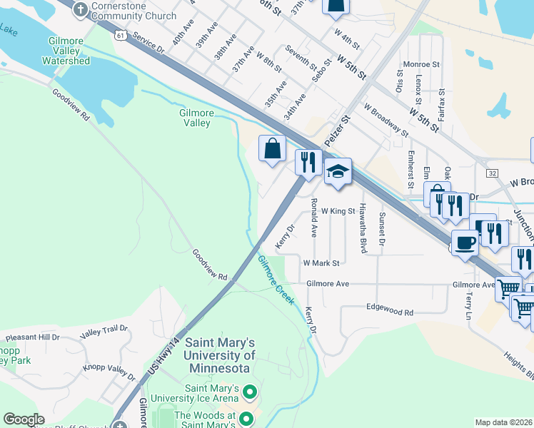 map of restaurants, bars, coffee shops, grocery stores, and more near 570 Cottonwood Drive in Winona