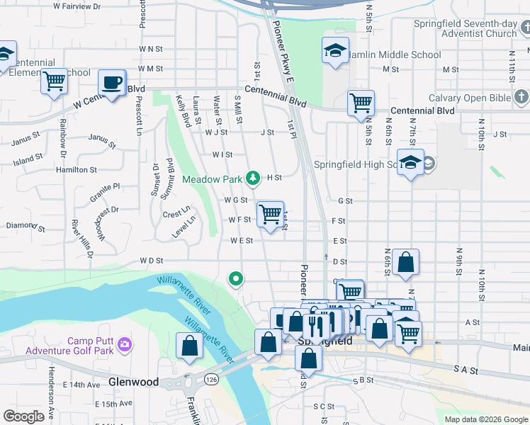 map of restaurants, bars, coffee shops, grocery stores, and more near 711 Mill Street in Springfield